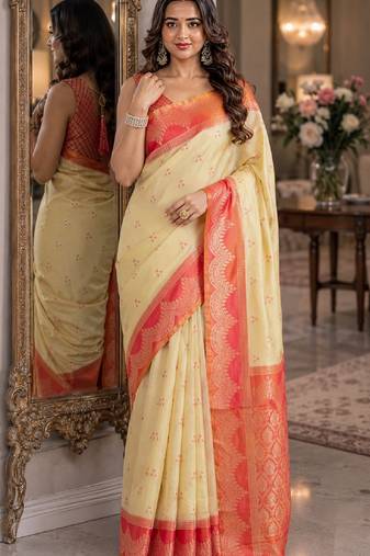 Cream  soft silk blend banarasi jacuard work festive saree with unstitched blouse piece
