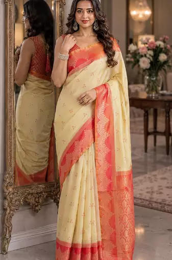 Cream  soft silk blend banarasi jacuard work festive saree with unstitched blouse piece