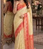 Cream  soft silk blend banarasi jacuard work festive saree with unstitched blouse piece