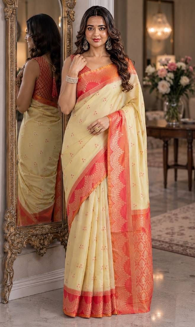 Cream  soft silk blend banarasi jacuard work festive saree with unstitched blouse piece