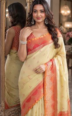 Cream  soft silk blend banarasi jacuard work festive saree with unstitched blouse piece 2