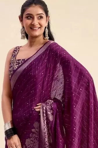 purple chiffon fabric smart festive graceful saree