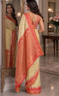 Cream  soft silk blend banarasi jacuard work festive saree with unstitched blouse piece 3