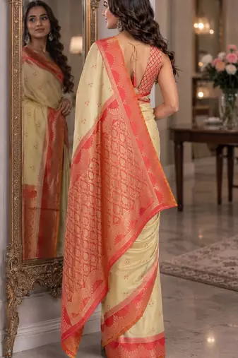Cream  soft silk blend banarasi jacuard work festive saree with unstitched blouse piece