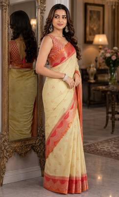 Cream  soft silk blend banarasi jacuard work festive saree with unstitched blouse piece 4