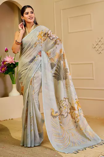 sky cotton blend zari weaving floral digital print festive saree with unstitched blouse piece