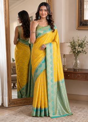 Yellow soft silk blend banarasi jacuard work festive saree with unstitched blouse piece 1