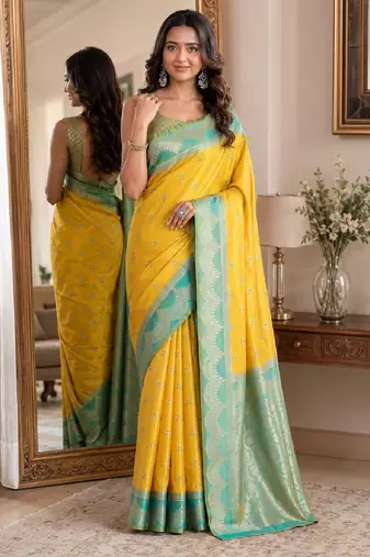 Yellow soft silk blend banarasi jacuard work festive saree with unstitched blouse piece