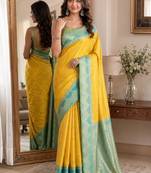Yellow soft silk blend banarasi jacuard work festive saree with unstitched blouse piece