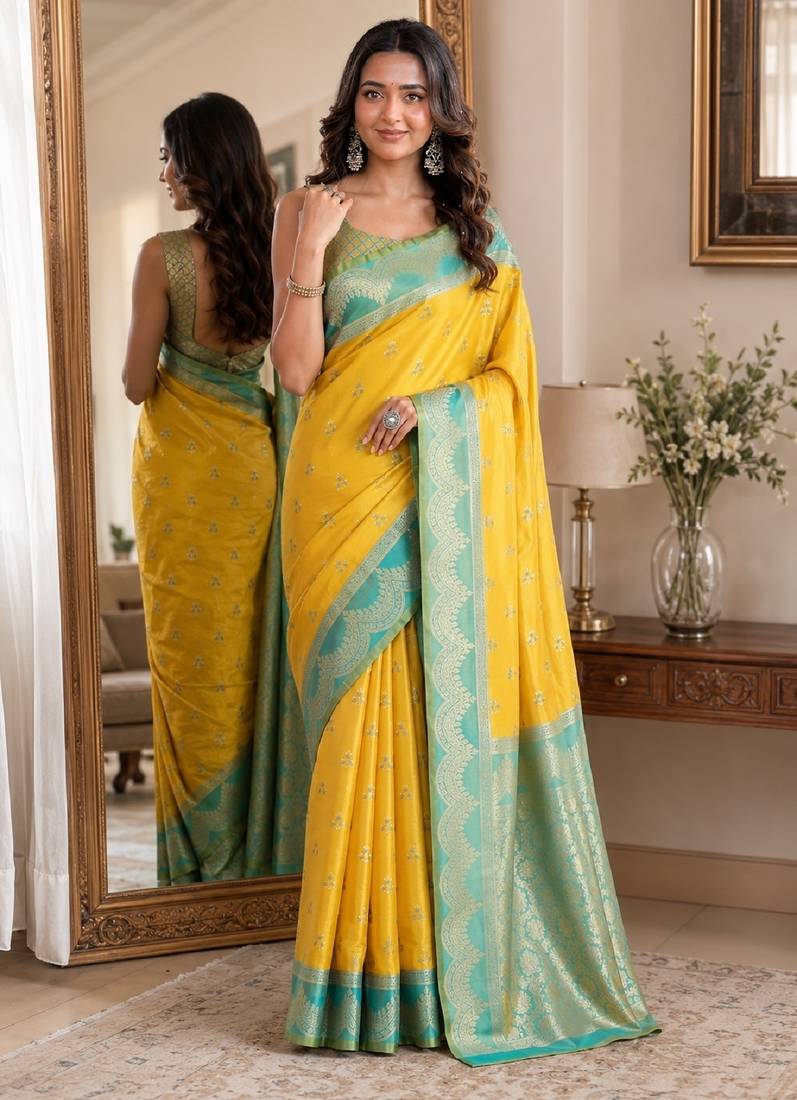 Yellow soft silk blend banarasi jacuard work festive saree with unstitched blouse piece