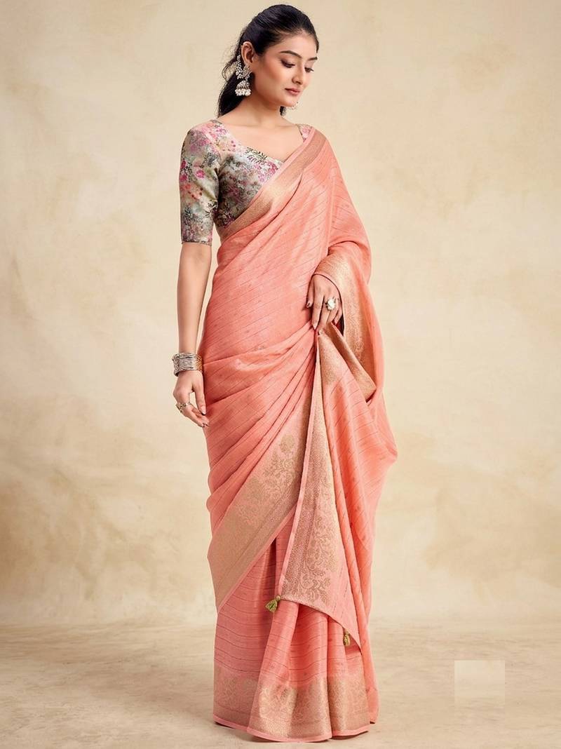 peach chiffon fabric smart festive graceful saree