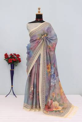lavender cotton blend zari weaving floral digital print festive saree with unstitched blouse piece 1