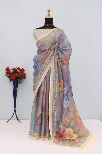 lavender cotton blend zari weaving floral digital print festive saree with unstitched blouse piece