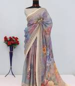 lavender cotton blend zari weaving floral digital print festive saree with unstitched blouse piece