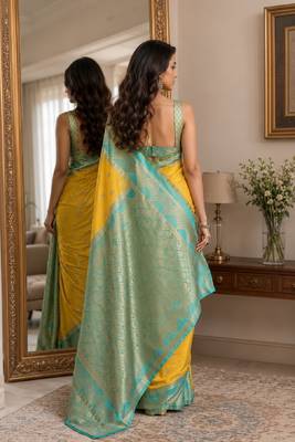 Yellow soft silk blend banarasi jacuard work festive saree with unstitched blouse piece 3
