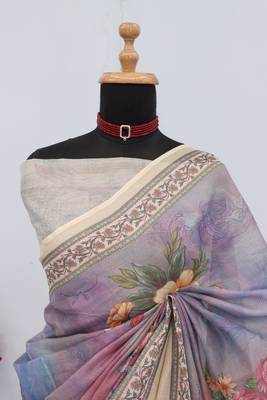 lavender cotton blend zari weaving floral digital print festive saree with unstitched blouse piece 2