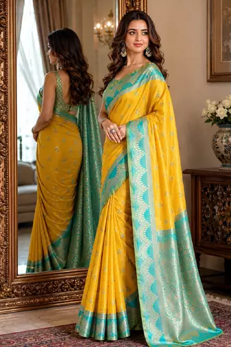 Yellow soft silk blend banarasi jacuard work festive saree with unstitched blouse piece