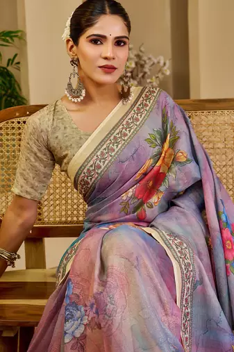 lavender cotton blend zari weaving floral digital print festive saree with unstitched blouse piece