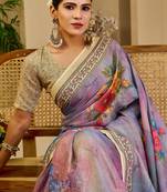lavender cotton blend zari weaving floral digital print festive saree with unstitched blouse piece