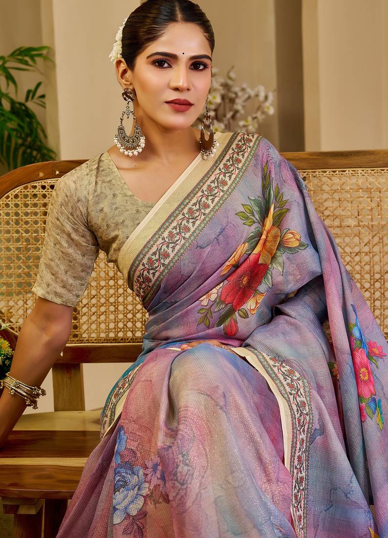 lavender cotton blend zari weaving floral digital print festive saree with unstitched blouse piece