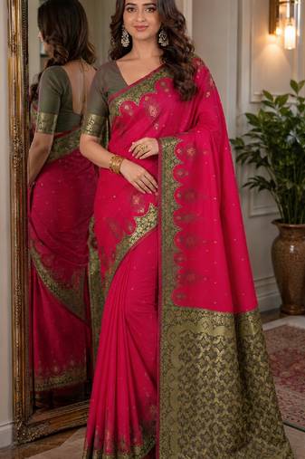 Pink soft silk blend banarasi jacuard work festive saree with unstitched blouse piece