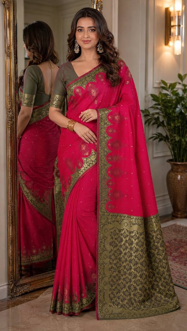 Pink soft silk blend banarasi jacuard work festive saree with unstitched blouse piece