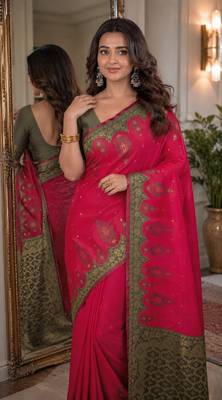 Pink soft silk blend banarasi jacuard work festive saree with unstitched blouse piece 2
