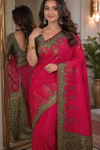 Pink soft silk blend banarasi jacuard work festive saree with unstitched blouse piece