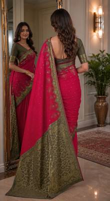 Pink soft silk blend banarasi jacuard work festive saree with unstitched blouse piece 3