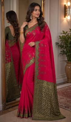 Pink soft silk blend banarasi jacuard work festive saree with unstitched blouse piece 4