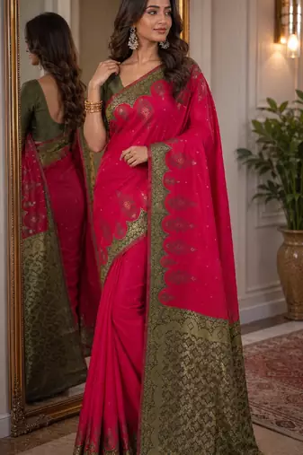 Pink soft silk blend banarasi jacuard work festive saree with unstitched blouse piece