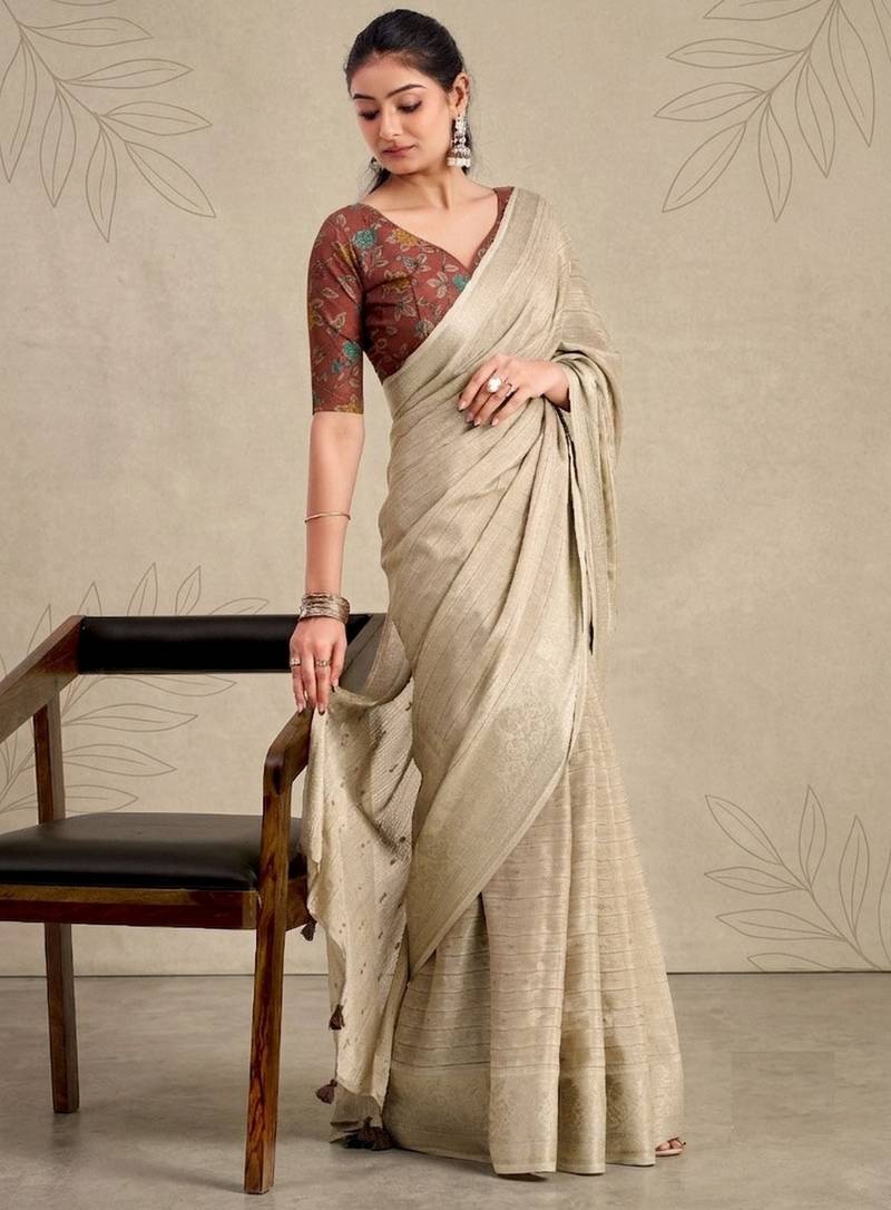 beige chiffon fabric smart festive graceful saree