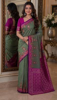 Sea green soft silk blend banarasi jacuard work festive saree with unstitched blouse piece 1
