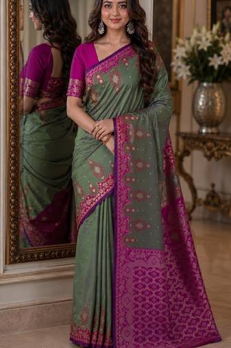Sea green soft silk blend banarasi jacuard work festive saree with unstitched blouse piece