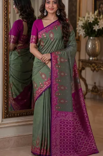 Sea green soft silk blend banarasi jacuard work festive saree with unstitched blouse piece