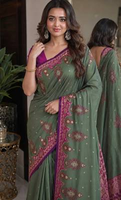 Sea green soft silk blend banarasi jacuard work festive saree with unstitched blouse piece 2