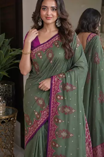 Sea green soft silk blend banarasi jacuard work festive saree with unstitched blouse piece