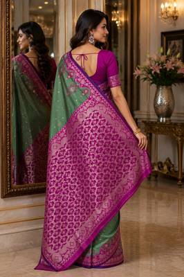 Sea green soft silk blend banarasi jacuard work festive saree with unstitched blouse piece 3