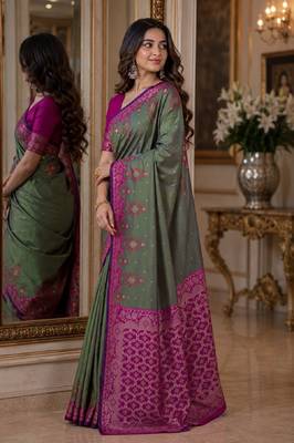 Sea green soft silk blend banarasi jacuard work festive saree with unstitched blouse piece 4