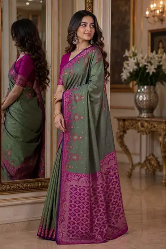 Sea green soft silk blend banarasi jacuard work festive saree with unstitched blouse piece