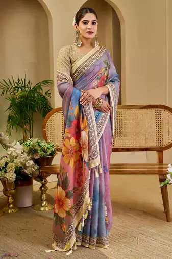 lavender cotton blend zari weaving floral digital print festive saree with unstitched blouse piece