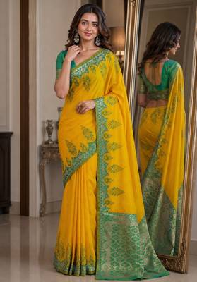 Yellow soft silk blend banarasi jacuard work festive saree with unstitched blouse piece 1