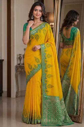 Yellow soft silk blend banarasi jacuard work festive saree with unstitched blouse piece
