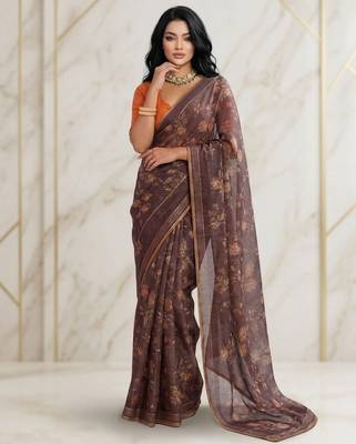 Brown color graceful floral printed smart ceremonial saree 1