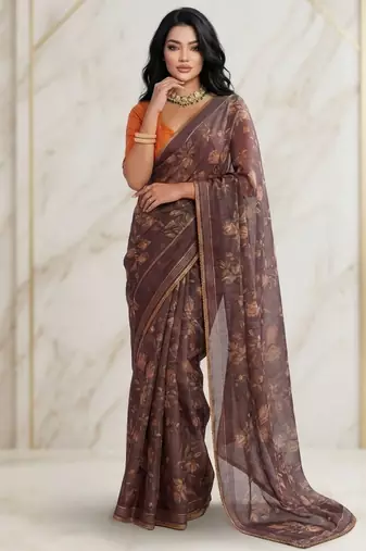 Brown color graceful floral printed smart ceremonial saree