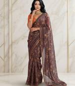 Brown color graceful floral printed smart ceremonial saree