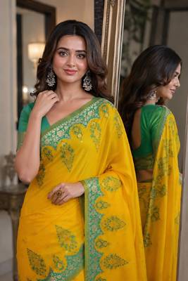 Yellow soft silk blend banarasi jacuard work festive saree with unstitched blouse piece 2
