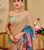 cream blue cotton blend zari weaving floral digital print festive saree with unstitched blouse piece