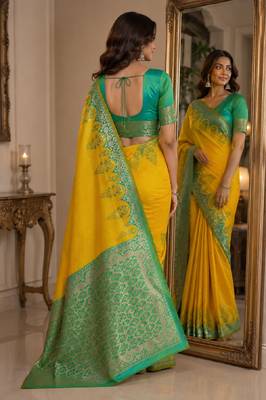 Yellow soft silk blend banarasi jacuard work festive saree with unstitched blouse piece 3