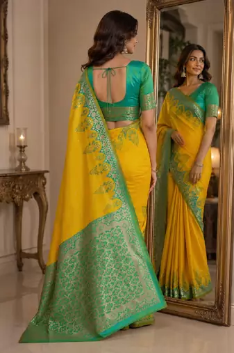 Yellow soft silk blend banarasi jacuard work festive saree with unstitched blouse piece